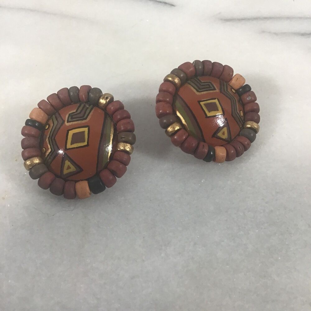 Vintage Hand-Painted Ceramic Post Earrings - Tribal Boho Geometric Beaded Design